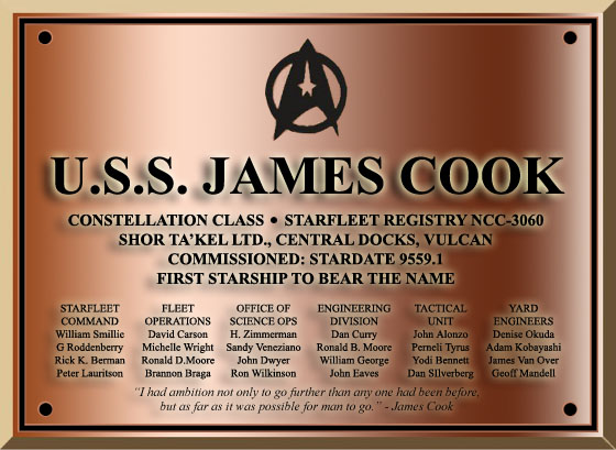The commissioning dedication plaque of the Constellation-class fast cruiser USS James Cook NCC-3060